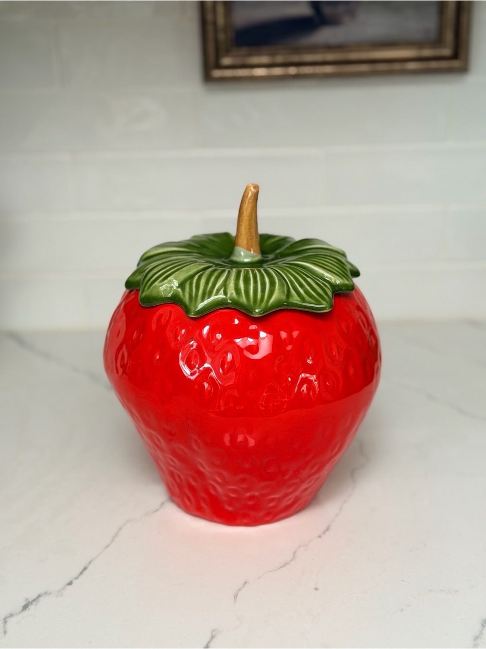 Ceramic Strawberry Cookie Jar with Green Leaf Lid
